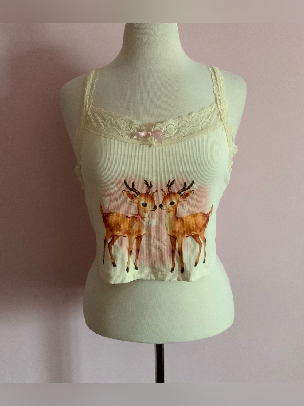 ROMWE Cream Ribbed Lace Cami with Deer Image